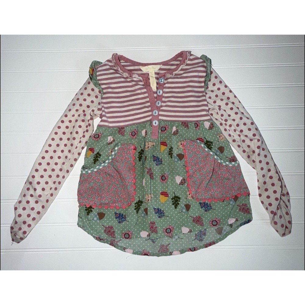 Matilda Jane Girls Mixed Media Tunic Top Pink Green Floral Polka Dot Size 6